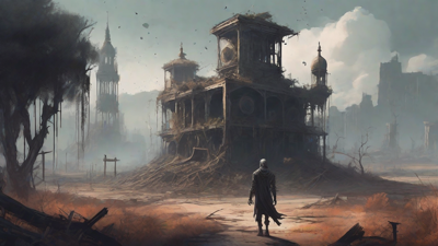 A barren, post-apocalyptic landscape with skeletal ruins, overgrown gardens, and a lone figure standing amidst the desolation, surrounded by flickering lanterns and a distant hint of a broken clock tower.