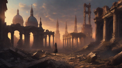 A hauntingly beautiful, ruined cityscape, with crumbling spires and grand architecture, set against a backdrop of a perpetual, golden sunset, with a lone figure dancing amidst the ruins.
