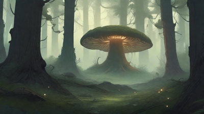 A bleak, mystical forest, where ancient trees loom over a clearing, surrounded by a ring of mushrooms, and a faint glow emanates from a lone, glowing artifact, pulsing with an otherworldly energy.