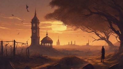 Barren wasteland, skeletal ruins, overgrown gardens, lone figure, flickering lanterns, and a broken clock tower in the distance, set against a perpetual golden sunset.