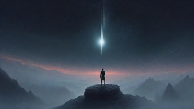 In the depths of a swirling void, a lone figure stands at the precipice, illuminated only by the faint glow of a dying star, as they embark on a perilous journey through the abyss towards an unknown destination.