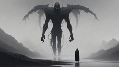As the void's abyssal silence envelops them, a figure stands at the edge, their footsteps echoing through the void, guided by an unseen power that pushes them towards an otherworldly realm, where eternal rebirth awaits.