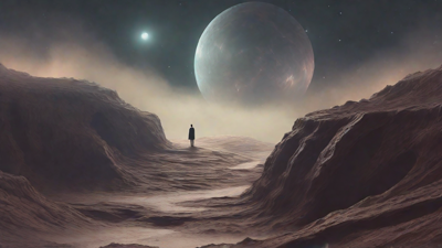 In a swirling void, a lone figure stands on the abyssal precipice, illuminated by the dying star, as they embark on a perilous journey through eternal darkness towards an unknown and mysterious destination.