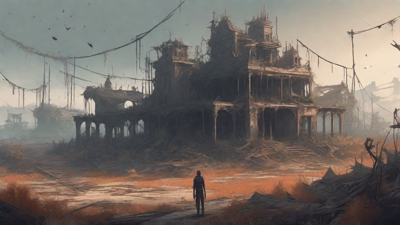 A barren, post-apocalyptic landscape with skeletal ruins, overgrown gardens, and a lone figure standing amidst the desolation, surrounded by flickering lanterns and a distant hint of a broken clock tower.