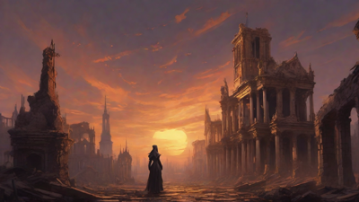 A hauntingly beautiful, ruined cityscape, with crumbling spires and grand architecture, set against a backdrop of a perpetual, golden sunset, with a lone figure dancing amidst the ruins.