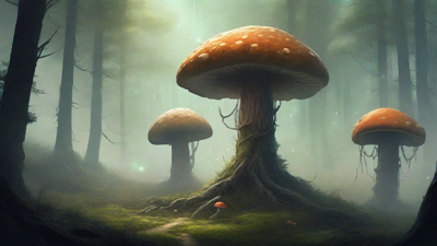 A bleak, mystical forest, where ancient trees loom over a clearing, surrounded by a ring of mushrooms, and a faint glow emanates from a lone, glowing artifact, pulsing with an otherworldly energy.