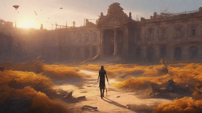 Barren wasteland, skeletal ruins, overgrown gardens, lone figure, flickering lanterns, and a broken clock tower in the distance, set against a perpetual golden sunset.