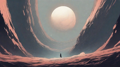 In the depths of a swirling void, a lone figure stands at the precipice, illuminated only by the faint glow of a dying star, as they embark on a perilous journey through the abyss towards an unknown destination.