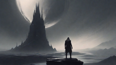 Guided by the void's dark whispers, a lone traveler ventures into the abyss, navigating through a realm of eternal darkness, guided by an unknown force that seeks rebirth and liberation from the void's grasp.