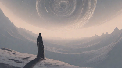 In a swirling void, a lone figure stands on the abyssal precipice, illuminated by the dying star, as they embark on a perilous journey through eternal darkness towards an unknown and mysterious destination.
