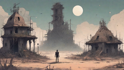 A barren, post-apocalyptic landscape with skeletal ruins, overgrown gardens, and a lone figure standing amidst the desolation, surrounded by flickering lanterns and a distant hint of a broken clock tower.