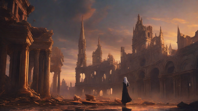 A hauntingly beautiful, ruined cityscape, with crumbling spires and grand architecture, set against a backdrop of a perpetual, golden sunset, with a lone figure dancing amidst the ruins.