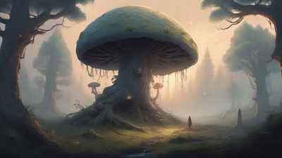 A bleak, mystical forest, where ancient trees loom over a clearing, surrounded by a ring of mushrooms, and a faint glow emanates from a lone, glowing artifact, pulsing with an otherworldly energy.