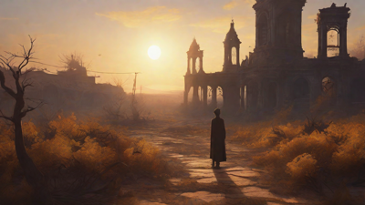 Barren wasteland, skeletal ruins, overgrown gardens, lone figure, flickering lanterns, and a broken clock tower in the distance, set against a perpetual golden sunset.