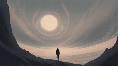 In the depths of a swirling void, a lone figure stands at the precipice, illuminated only by the faint glow of a dying star, as they embark on a perilous journey through the abyss towards an unknown destination.