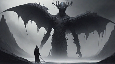 As the void's abyssal silence envelops them, a figure stands at the edge, their footsteps echoing through the void, guided by an unseen power that pushes them towards an otherworldly realm, where eternal rebirth awaits.