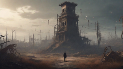 A barren, post-apocalyptic landscape with skeletal ruins, overgrown gardens, and a lone figure standing amidst the desolation, surrounded by flickering lanterns and a distant hint of a broken clock tower.