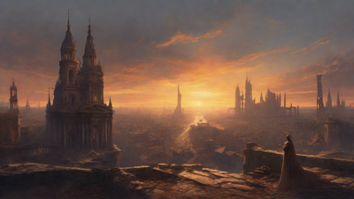 A hauntingly beautiful, ruined cityscape, with crumbling spires and grand architecture, set against a backdrop of a perpetual, golden sunset, with a lone figure dancing amidst the ruins.