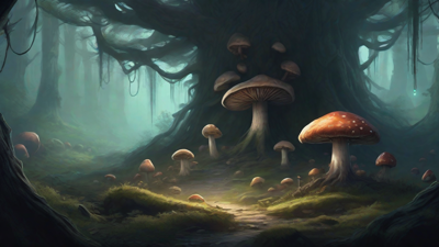 A bleak, mystical forest, where ancient trees loom over a clearing, surrounded by a ring of mushrooms, and a faint glow emanates from a lone, glowing artifact, pulsing with an otherworldly energy.