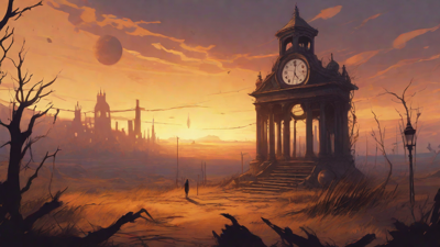 Barren wasteland, skeletal ruins, overgrown gardens, lone figure, flickering lanterns, and a broken clock tower in the distance, set against a perpetual golden sunset.