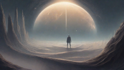 In the depths of a swirling void, a lone figure stands at the precipice, illuminated only by the faint glow of a dying star, as they embark on a perilous journey through the abyss towards an unknown destination.