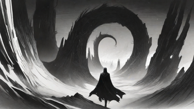 Guided by the void's dark whispers, a lone traveler ventures into the abyss, navigating through a realm of eternal darkness, guided by an unknown force that seeks rebirth and liberation from the void's grasp.