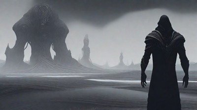 As the void's abyssal silence envelops them, a figure stands at the edge, their footsteps echoing through the void, guided by an unseen power that pushes them towards an otherworldly realm, where eternal rebirth awaits.