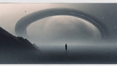 In a swirling void, a lone figure stands on the abyssal precipice, illuminated by the dying star, as they embark on a perilous journey through eternal darkness towards an unknown and mysterious destination.