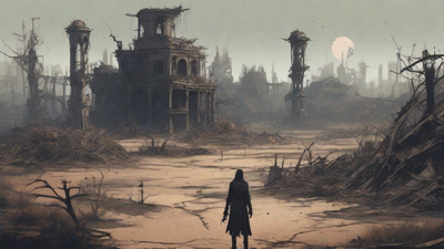 A barren, post-apocalyptic landscape with skeletal ruins, overgrown gardens, and a lone figure standing amidst the desolation, surrounded by flickering lanterns and a distant hint of a broken clock tower.