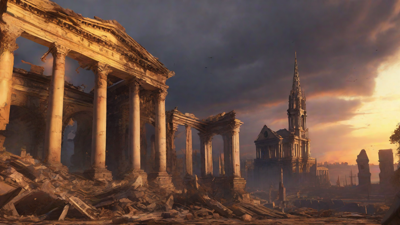 A hauntingly beautiful, ruined cityscape, with crumbling spires and grand architecture, set against a backdrop of a perpetual, golden sunset, with a lone figure dancing amidst the ruins.