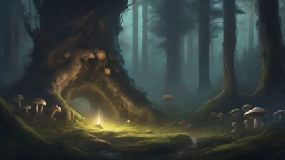 A bleak, mystical forest, where ancient trees loom over a clearing, surrounded by a ring of mushrooms, and a faint glow emanates from a lone, glowing artifact, pulsing with an otherworldly energy.