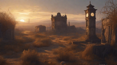 Barren wasteland, skeletal ruins, overgrown gardens, lone figure, flickering lanterns, and a broken clock tower in the distance, set against a perpetual golden sunset.