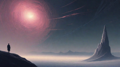 In the depths of a swirling void, a lone figure stands at the precipice, illuminated only by the faint glow of a dying star, as they embark on a perilous journey through the abyss towards an unknown destination.