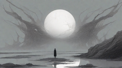In a swirling void, a lone figure stands on the abyssal precipice, illuminated by the dying star, as they embark on a perilous journey through eternal darkness towards an unknown and mysterious destination.