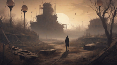 A barren, post-apocalyptic landscape with skeletal ruins, overgrown gardens, and a lone figure standing amidst the desolation, surrounded by flickering lanterns and a distant hint of a broken clock tower.