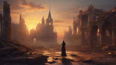 A hauntingly beautiful, ruined cityscape, with crumbling spires and grand architecture, set against a backdrop of a perpetual, golden sunset, with a lone figure dancing amidst the ruins.