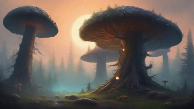 A bleak, mystical forest, where ancient trees loom over a clearing, surrounded by a ring of mushrooms, and a faint glow emanates from a lone, glowing artifact, pulsing with an otherworldly energy.