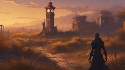 Barren wasteland, skeletal ruins, overgrown gardens, lone figure, flickering lanterns, and a broken clock tower in the distance, set against a perpetual golden sunset.