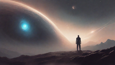 In the depths of a swirling void, a lone figure stands at the precipice, illuminated only by the faint glow of a dying star, as they embark on a perilous journey through the abyss towards an unknown destination.