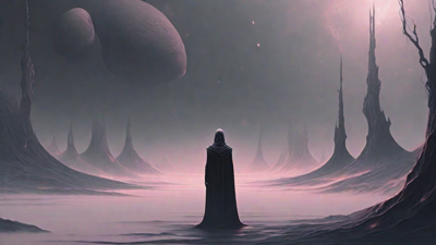 As the void's abyssal silence envelops them, a figure stands at the edge, their footsteps echoing through the void, guided by an unseen power that pushes them towards an otherworldly realm, where eternal rebirth awaits.
