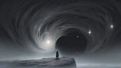 In a swirling void, a lone figure stands on the abyssal precipice, illuminated by the dying star, as they embark on a perilous journey through eternal darkness towards an unknown and mysterious destination.