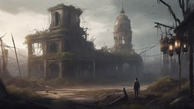 A barren, post-apocalyptic landscape with skeletal ruins, overgrown gardens, and a lone figure standing amidst the desolation, surrounded by flickering lanterns and a distant hint of a broken clock tower.