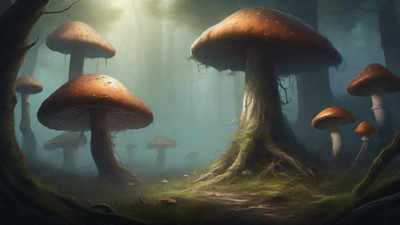 A bleak, mystical forest, where ancient trees loom over a clearing, surrounded by a ring of mushrooms, and a faint glow emanates from a lone, glowing artifact, pulsing with an otherworldly energy.