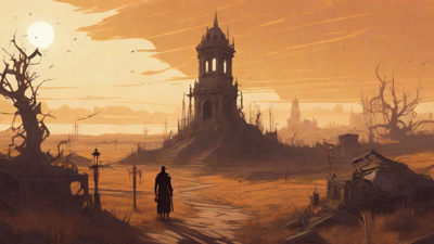 Barren wasteland, skeletal ruins, overgrown gardens, lone figure, flickering lanterns, and a broken clock tower in the distance, set against a perpetual golden sunset.
