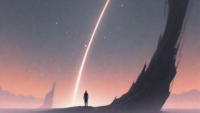 In the depths of a swirling void, a lone figure stands at the precipice, illuminated only by the faint glow of a dying star, as they embark on a perilous journey through the abyss towards an unknown destination.