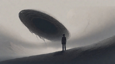 In a swirling void, a lone figure stands on the abyssal precipice, illuminated by the dying star, as they embark on a perilous journey through eternal darkness towards an unknown and mysterious destination.