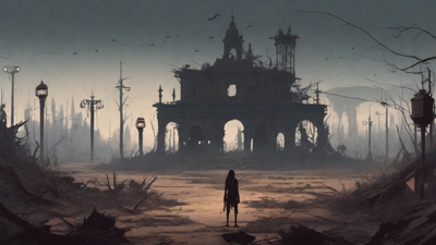A barren, post-apocalyptic landscape with skeletal ruins, overgrown gardens, and a lone figure standing amidst the desolation, surrounded by flickering lanterns and a distant hint of a broken clock tower.