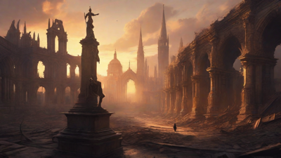 A hauntingly beautiful, ruined cityscape, with crumbling spires and grand architecture, set against a backdrop of a perpetual, golden sunset, with a lone figure dancing amidst the ruins.