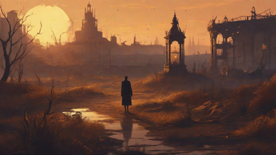 Barren wasteland, skeletal ruins, overgrown gardens, lone figure, flickering lanterns, and a broken clock tower in the distance, set against a perpetual golden sunset.