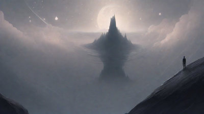 In a swirling void, a lone figure stands on the abyssal precipice, illuminated by the dying star, as they embark on a perilous journey through eternal darkness towards an unknown and mysterious destination.